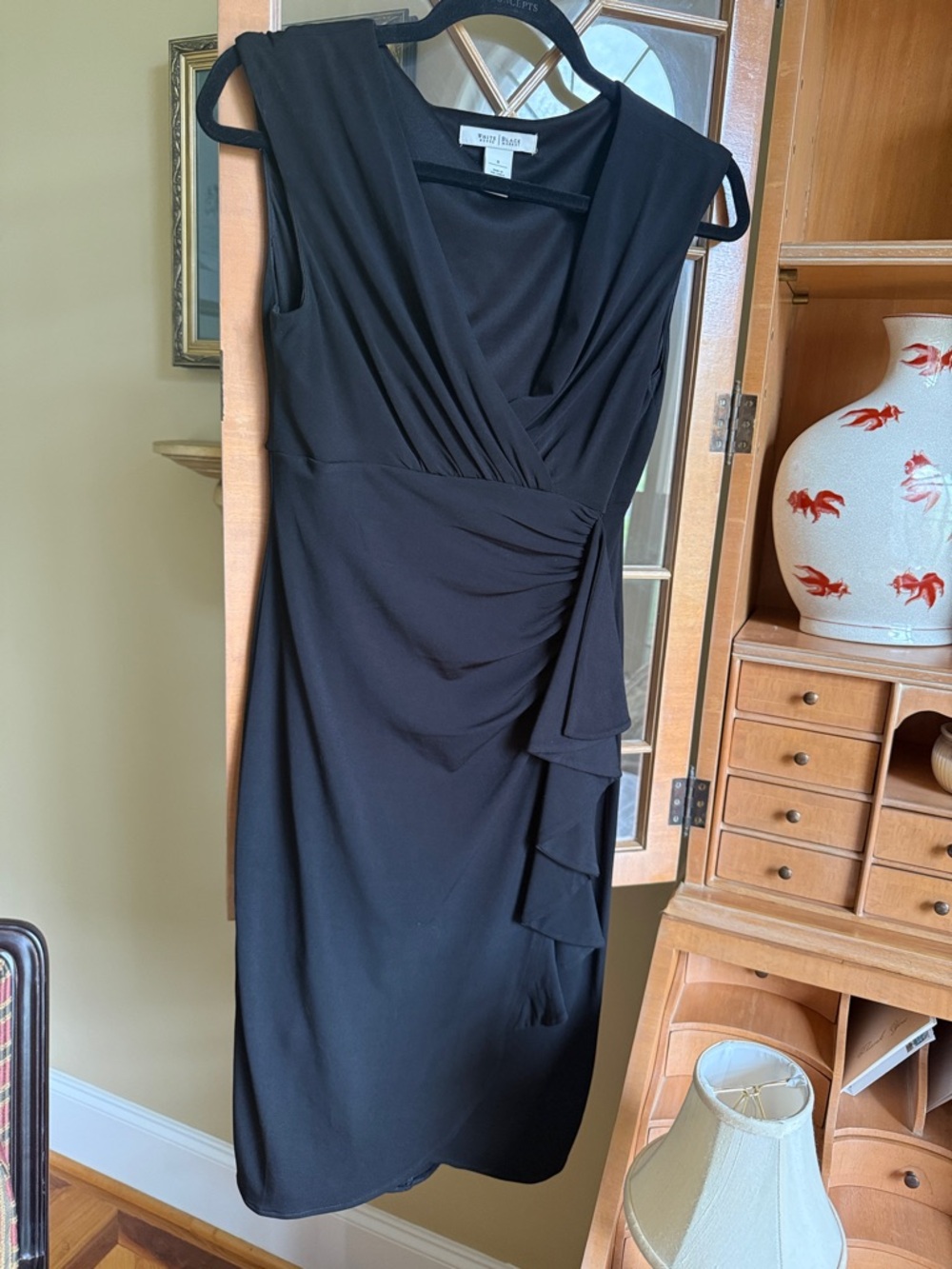 White House Black Market Black Sleeveless Faux-Wrap Midi Dress with Side Ruffle